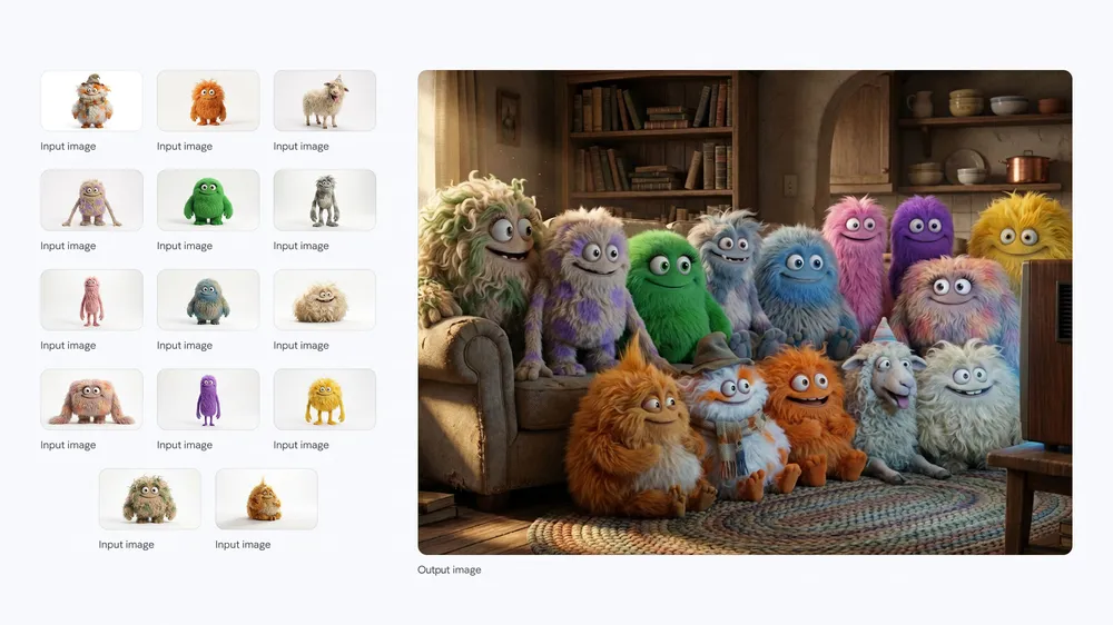 Official Nano Banana Pro scene with fourteen distinct fluffy characters watching television